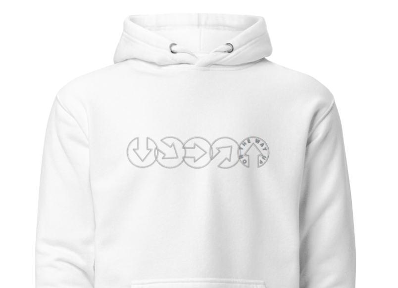 Close-up of an On The Way Up Apparel white hoodie featuring a monochrome graphic design with various abstract symbols on the front, centered below the hood.