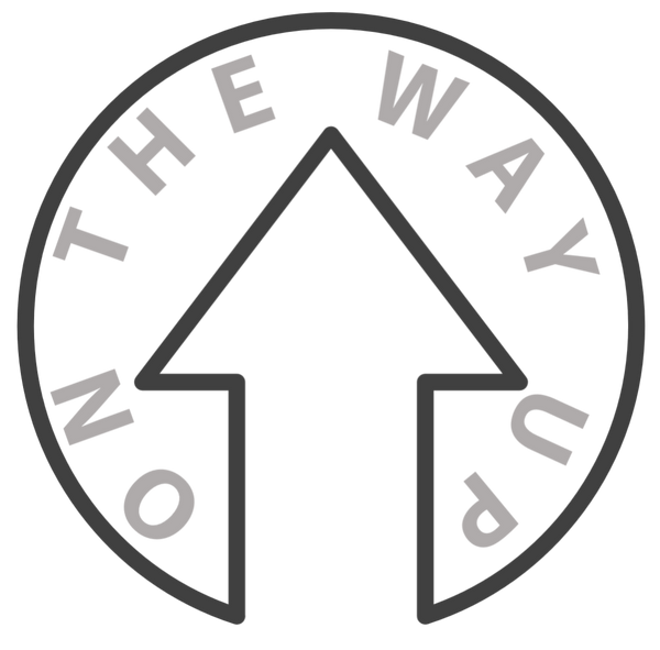 A circular black and white logo featuring an upward-pointing arrow with the text "ON THE WAY UP" wrapped around it in a circular formation. The design is stylish and minimalistic.