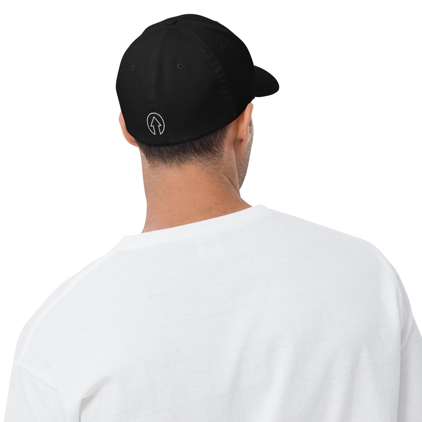 A man viewed from behind wearing a plain white T-shirt and a Stretch Fit On The Way Up Signature Cap with a white emblem on the back. The T-shirt is of premium quality.