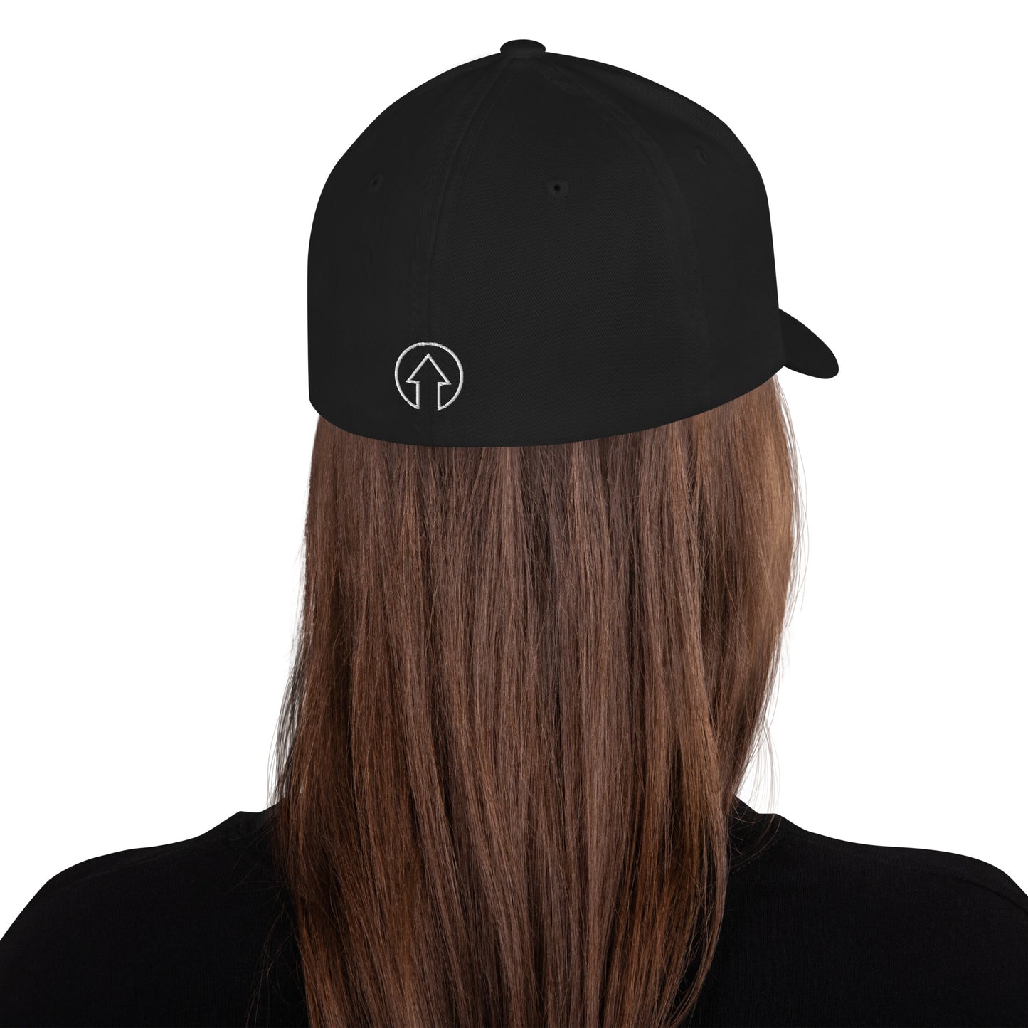 Rear view of a person with long brown hair wearing an On The Way Up Apparel Stretch Fit On The Way Up Signature Cap with a white logo on the back.