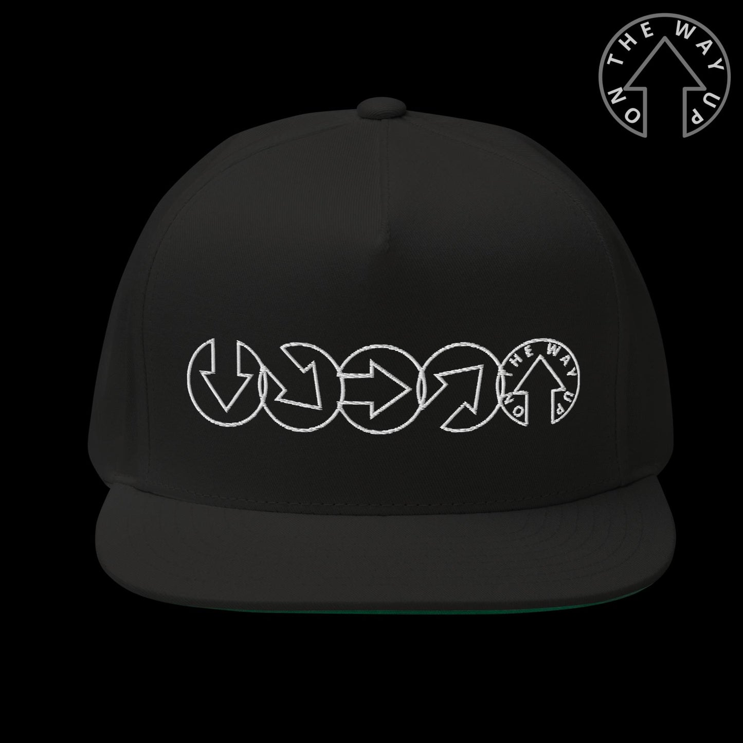 A black On The Way Up - Progress Snap Back baseball cap of premium quality with a white embroidered design featuring interlocking arrows in a circular pattern on the front. The cap has a flat brim and an adjustable strap at the back.