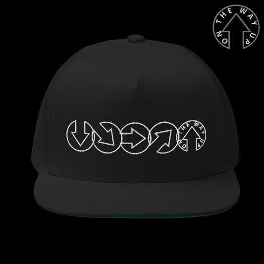 A black On The Way Up - Progress Snap Back baseball cap of premium quality with a white embroidered design featuring interlocking arrows in a circular pattern on the front. The cap has a flat brim and an adjustable strap at the back.