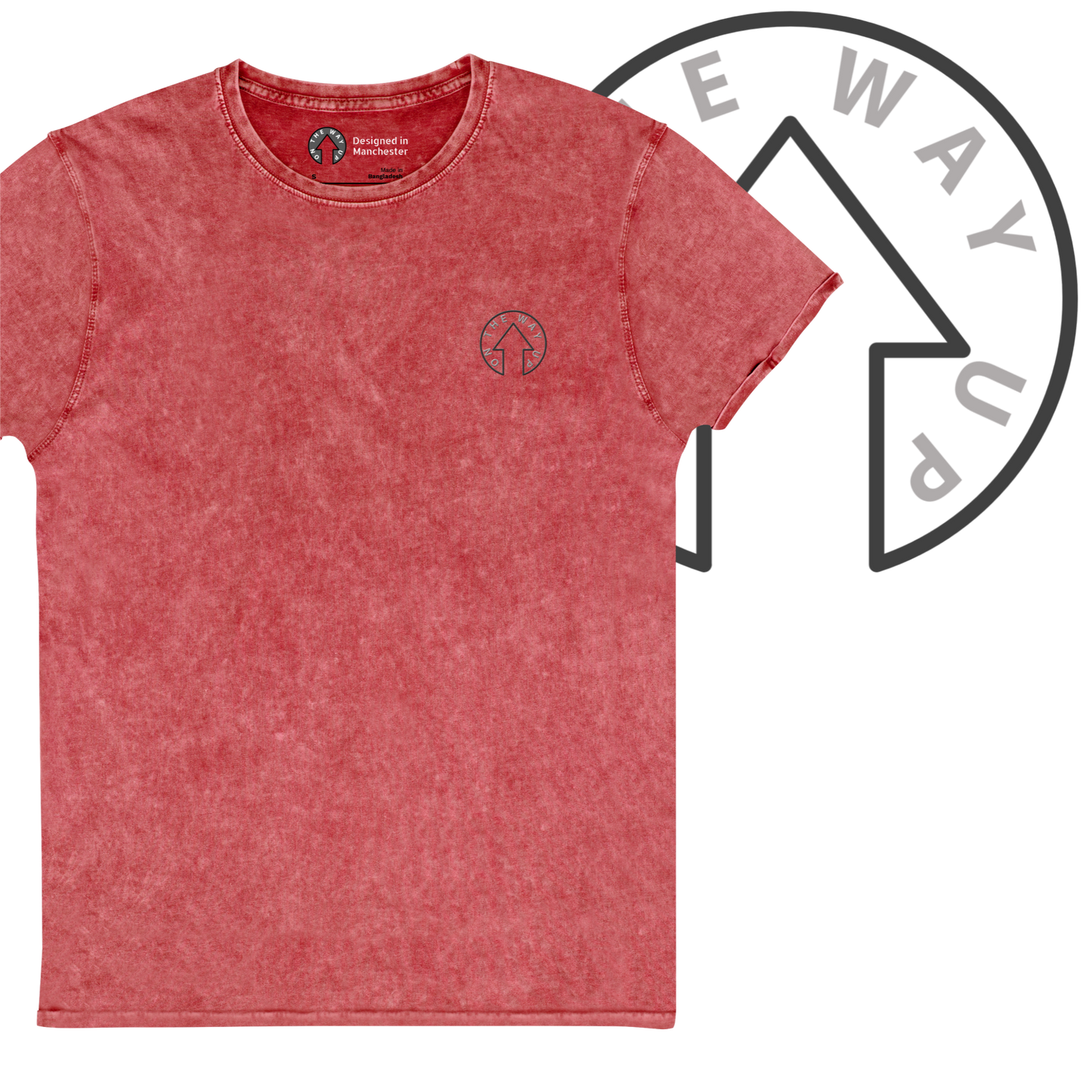 A red textured Signature Denim Tee with a small logo on the left chest area, displayed flat against a background with a faded "ONE WAY UP" text and arrow graphic overlay on the right. Brand: On The Way Up Apparel