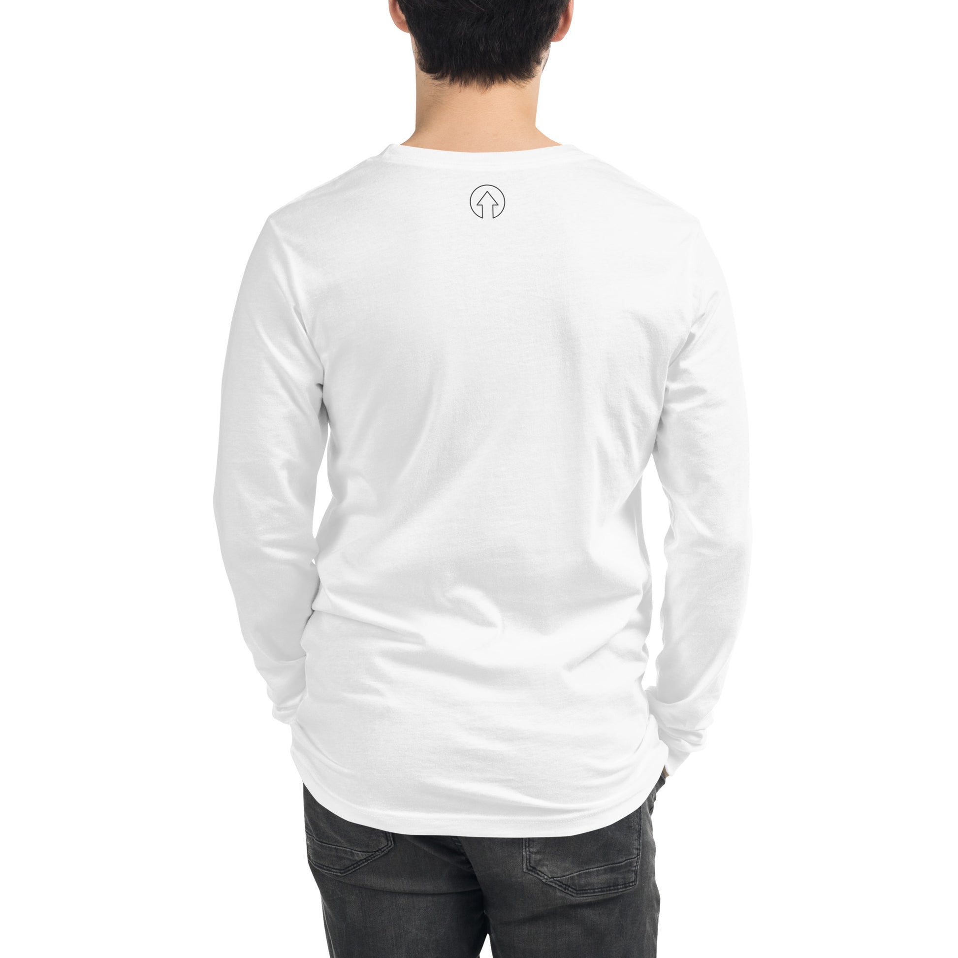 Rear view of a man wearing an On The Way Up Signature Embroidered Logo Long Sleeve Tee White and dark jeans, standing against a white background. The shirt has a small circular logo on the upper back.