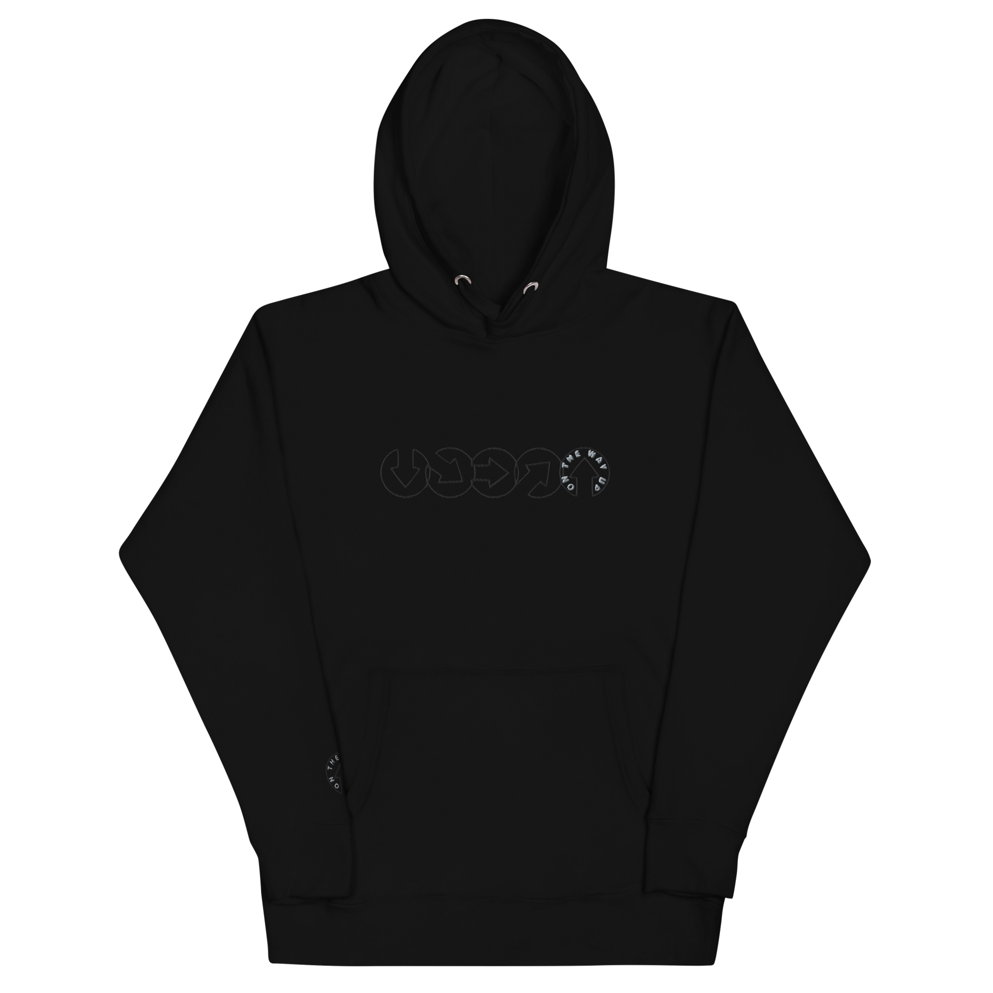 Black On The Way Up Progress hoodie with a stylized white graphic design on the front, featuring abstract and possibly letter-like shapes that symbolize "On The Way Up.