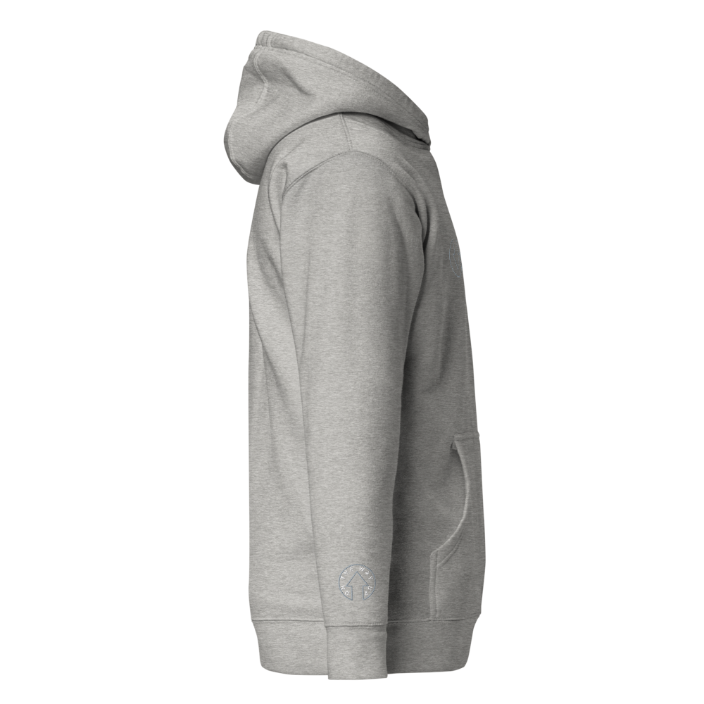 Side view of an empty On The Way Up Apparel On The Way Up Progress Hoodie - Grey with the hood up, displaying a small logo on the left side near the waist.