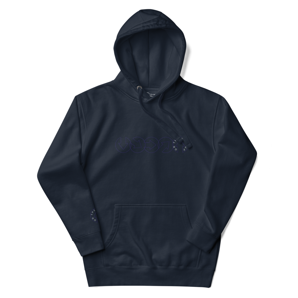 A "On The Way Up Progress Hoodie - Navy" with a hood, featuring the word "USSR" in raised Cyrillic-style letters on the chest, placed on a flat, dark background. This premium quality garment is ideal for those who appreciate style and history.