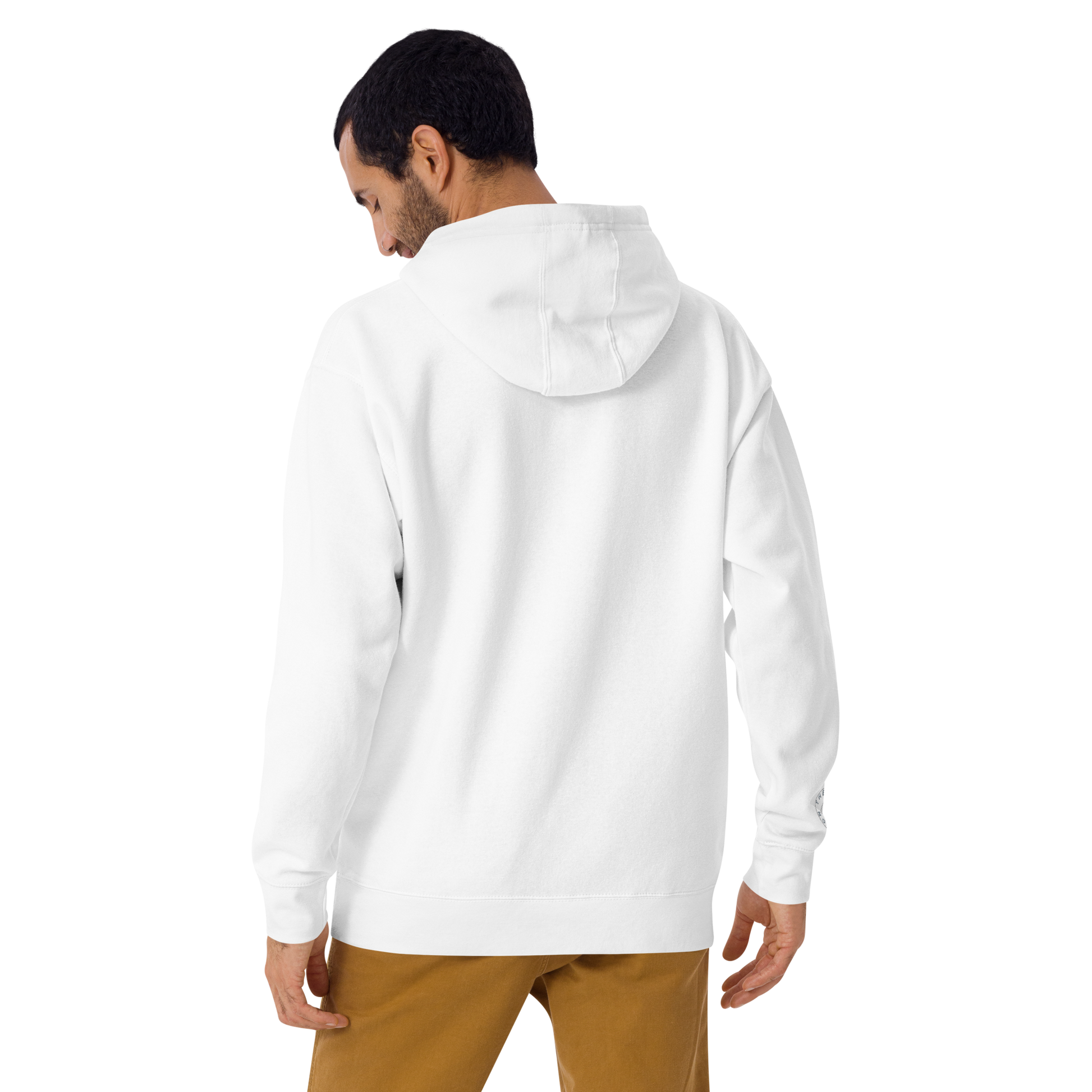 A man wearing the On The Way Up Progress Hoodie in White and beige pants, viewed from the back. The hoodie has a visible hood and appears soft and comfortable.