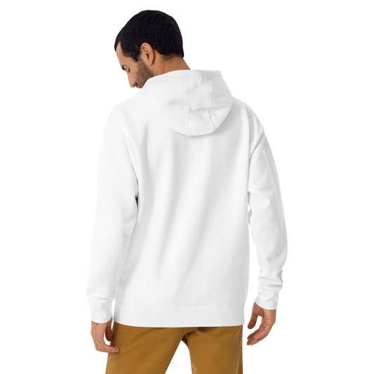 A man wearing the On The Way Up Progress Hoodie in White and beige pants, viewed from the back. The hoodie has a visible hood and appears soft and comfortable.