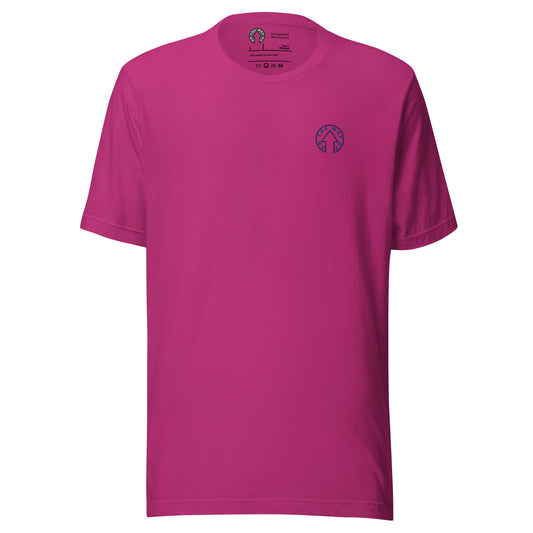 A bright fuchsia pink BE BOLD - On The Way Up Embroidered Logo t-shirt displayed against a white background, featuring a small "Manchester" logo on the left chest area. The shirt has a crew neckline and short sleeves.