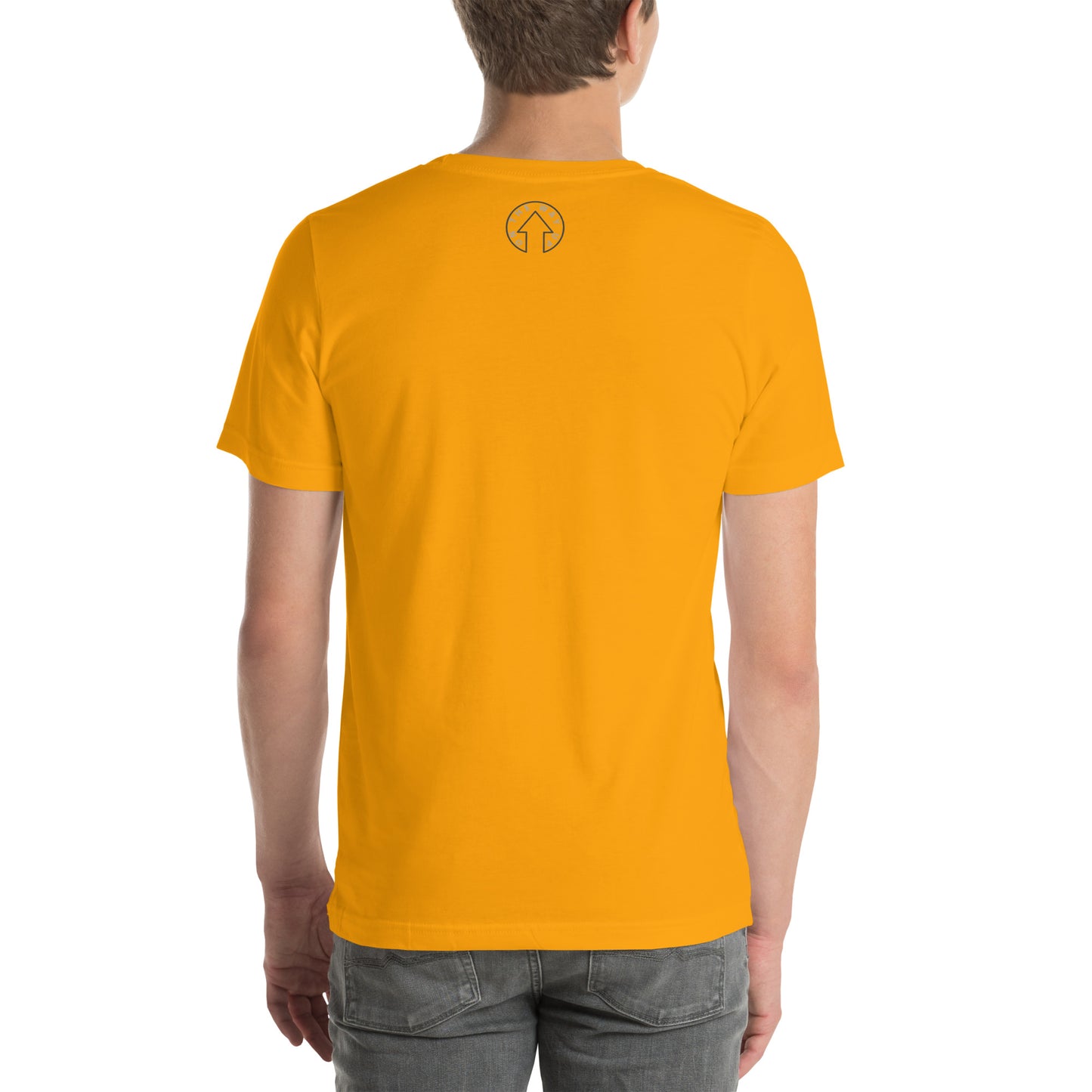 Rear view of a man wearing an On The Way Up Apparel BE BOLD - On The Way Up Embroidered Logo T-shirt in YELLOW with a small dark logo on the upper back, paired with denim jeans, against a white background.