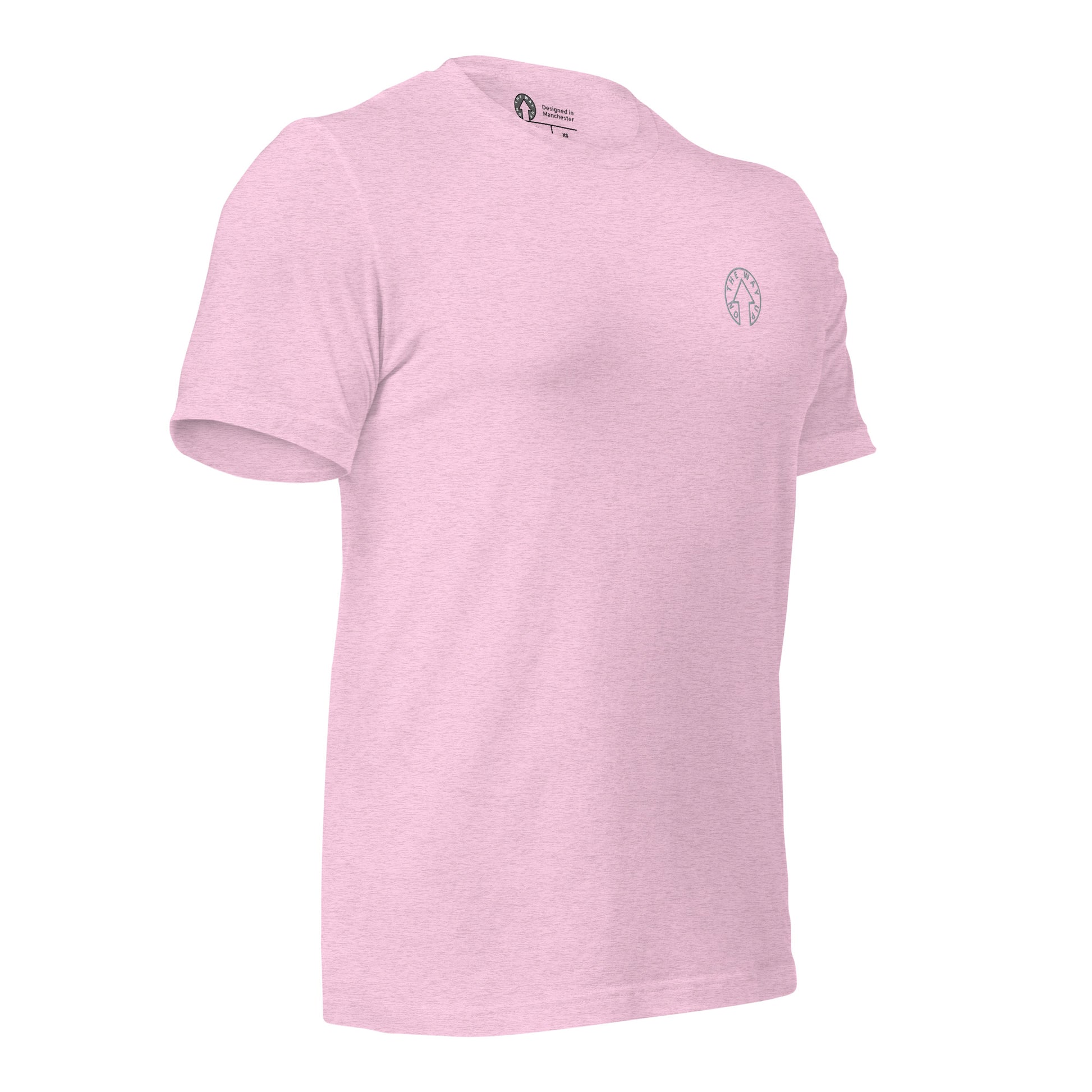 A plain light pink BE BOLD - On The Way Up Embroidered Logo T-shirt from On The Way Up Apparel with a small, dark logo on the chest, displayed against a white background. The shirt is angled to show the left side.