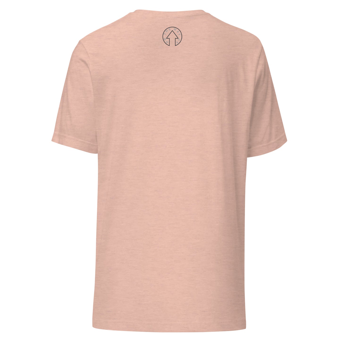 A plain peach-colored BE BOLD - On The Way Up Embroidered Logo T-shirt displayed from the back with a small black logo resembling an arrowhead at the neckline, signifying premium quality.