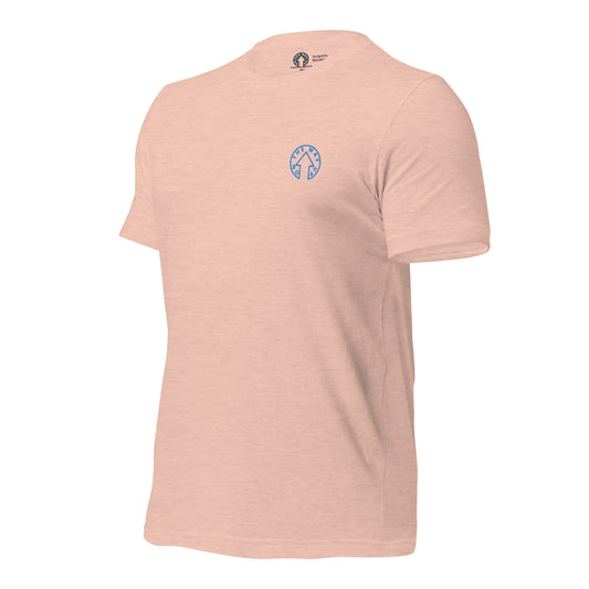 A plain, peach t-shirt displayed on a white background, featuring a small circular "On The Way Up Apparel" logo on the upper back near the neckline.