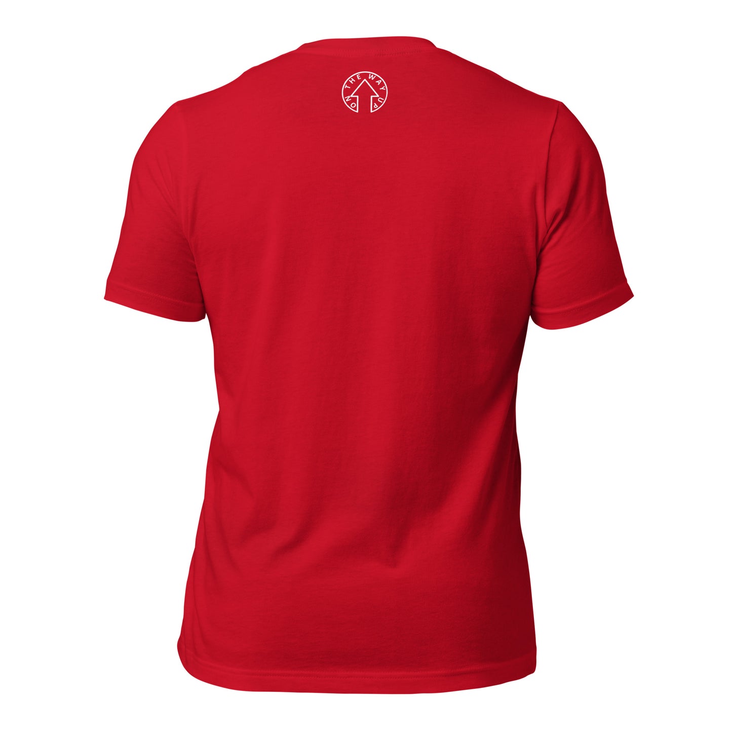 A premium quality BE BOLD - On The Way Up Embroidered Logo T-shirt in red displayed from the back with a small circular logo near the collar by On The Way Up Apparel.