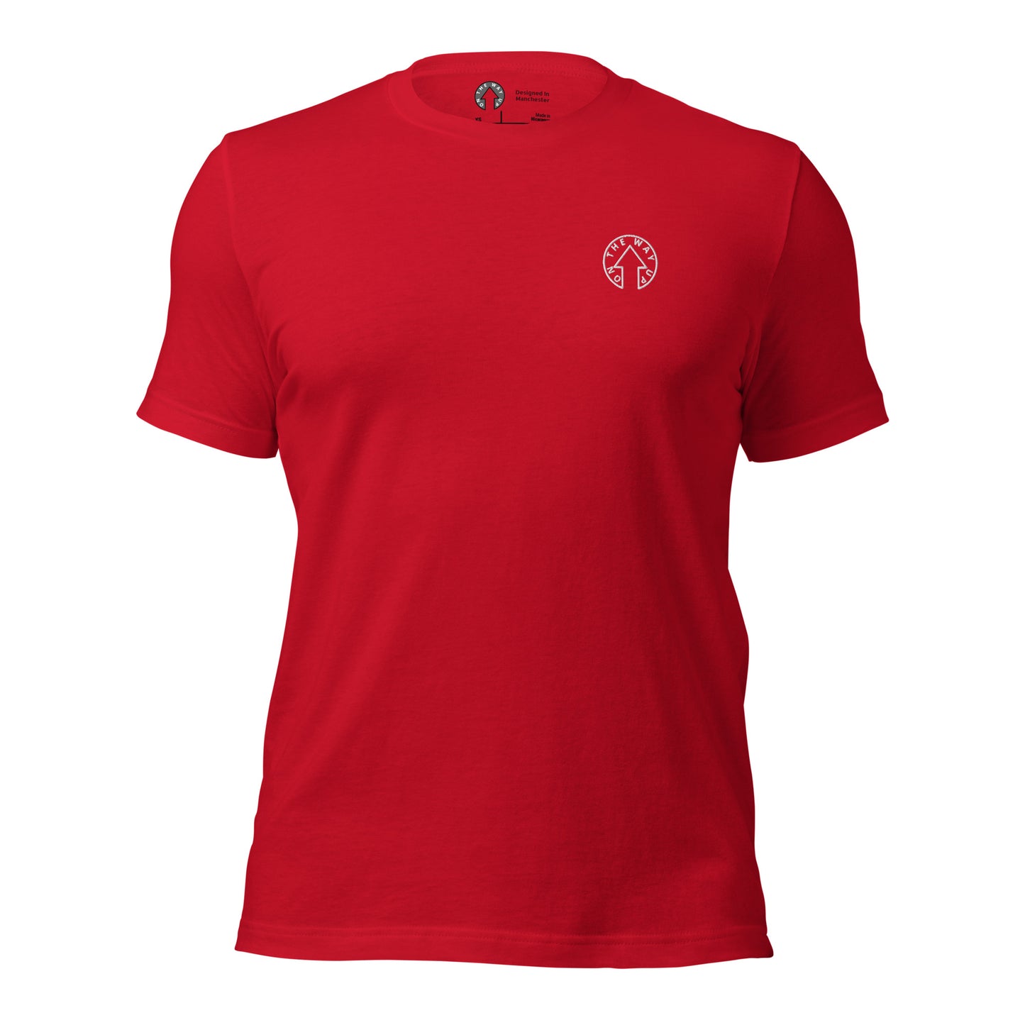 A plain red BE BOLD - On The Way Up Embroidered Logo T-shirt, of premium quality, with a small white logo on the left chest area, displayed on a white background.