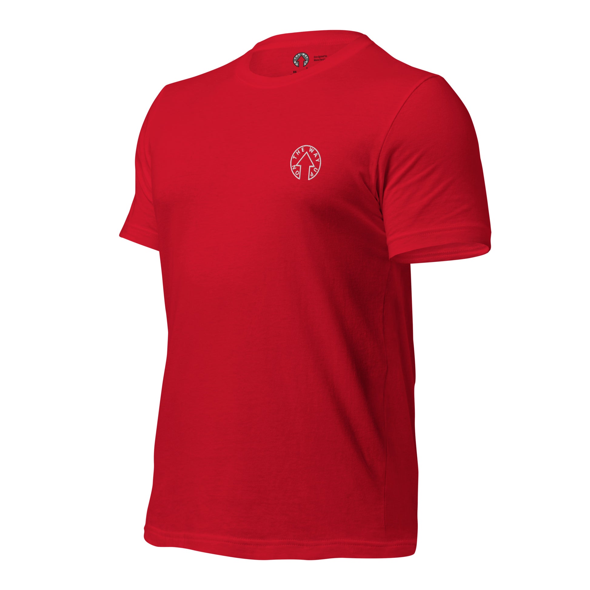 On The Way Up Apparel Red BE BOLD - On The Way Up Embroidered Logo T-shirt with a short sleeve and a crew neck, featuring a small white circular logo on the left chest area. Premium Quality.