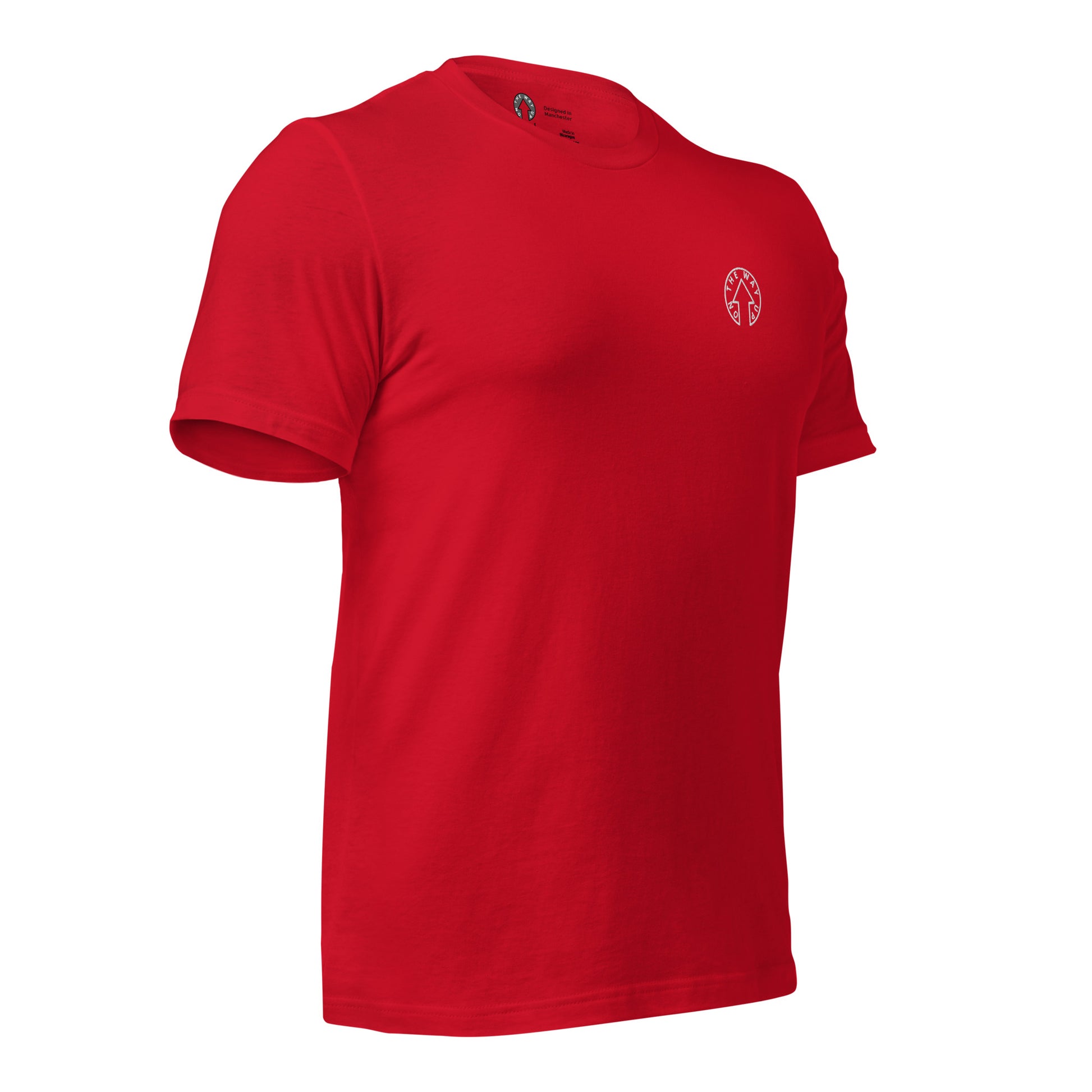 On The Way Up Embroidered Logo T-shirt in red with a short sleeve and a small circular "Manchester" logo on the left chest area, displayed against a white background.