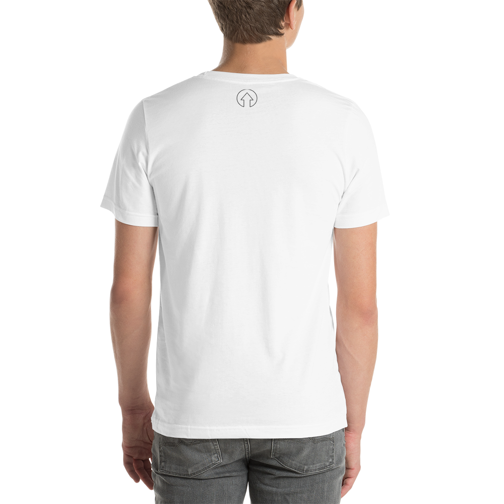 Rear view of a young man wearing an On The Way Up Apparel Signature T-shirt White and jeans, standing against a black background. The t-shirt has a small black logo at the nape.