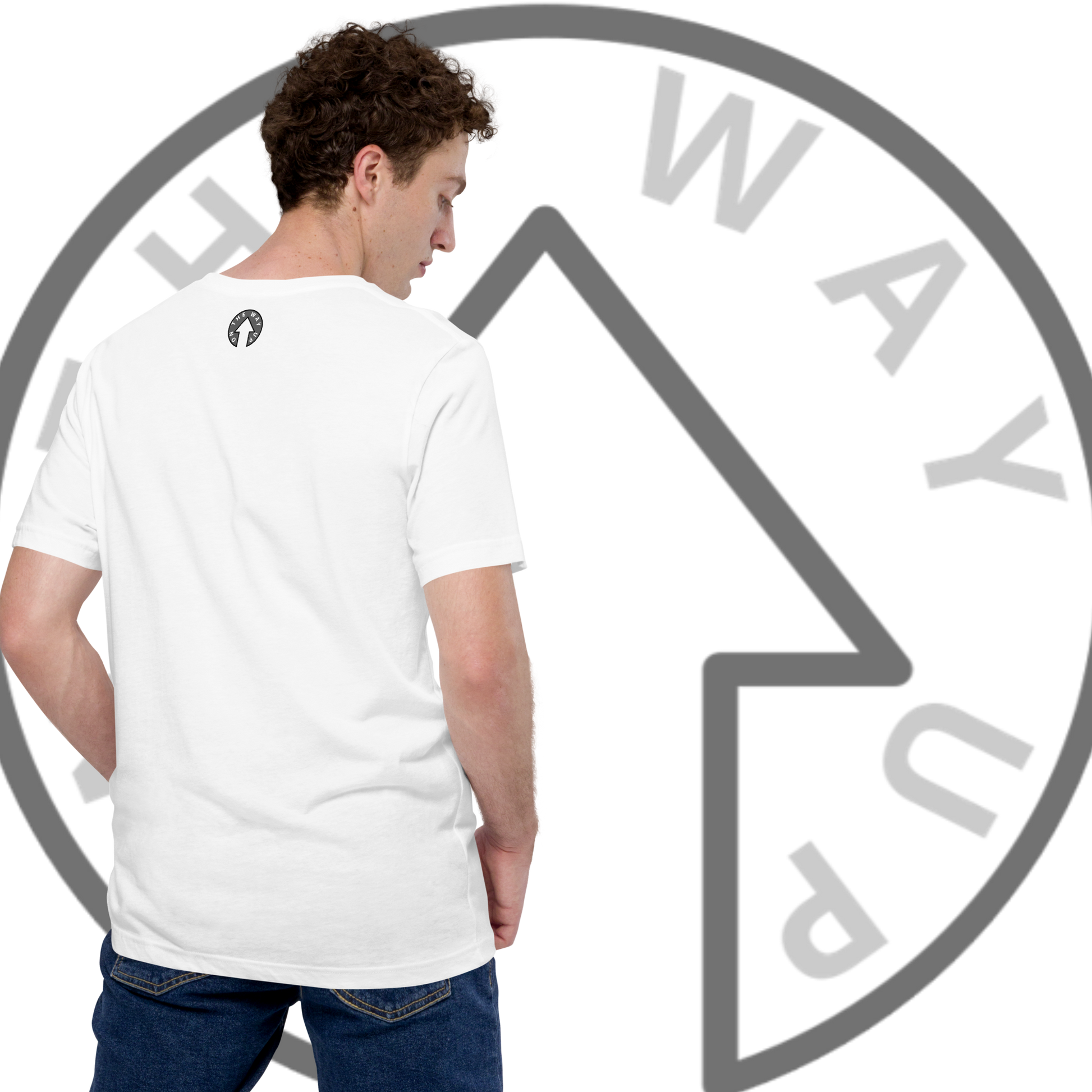 A person with curly hair is facing away and wearing the Circular Rotation Slogan Tee from On The Way Up Apparel, crafted from super soft, breathable, combed and ring-spun cotton. Paired with blue jeans, the background features a large graphic of a grey upward arrow surrounded by the words "WAY UP" in block letters.