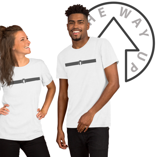 A young woman and man, both smiling and wearing On The Way Up Apparel's premium quality white t-shirts with a horizontal stripe design, standing against a transparent background.