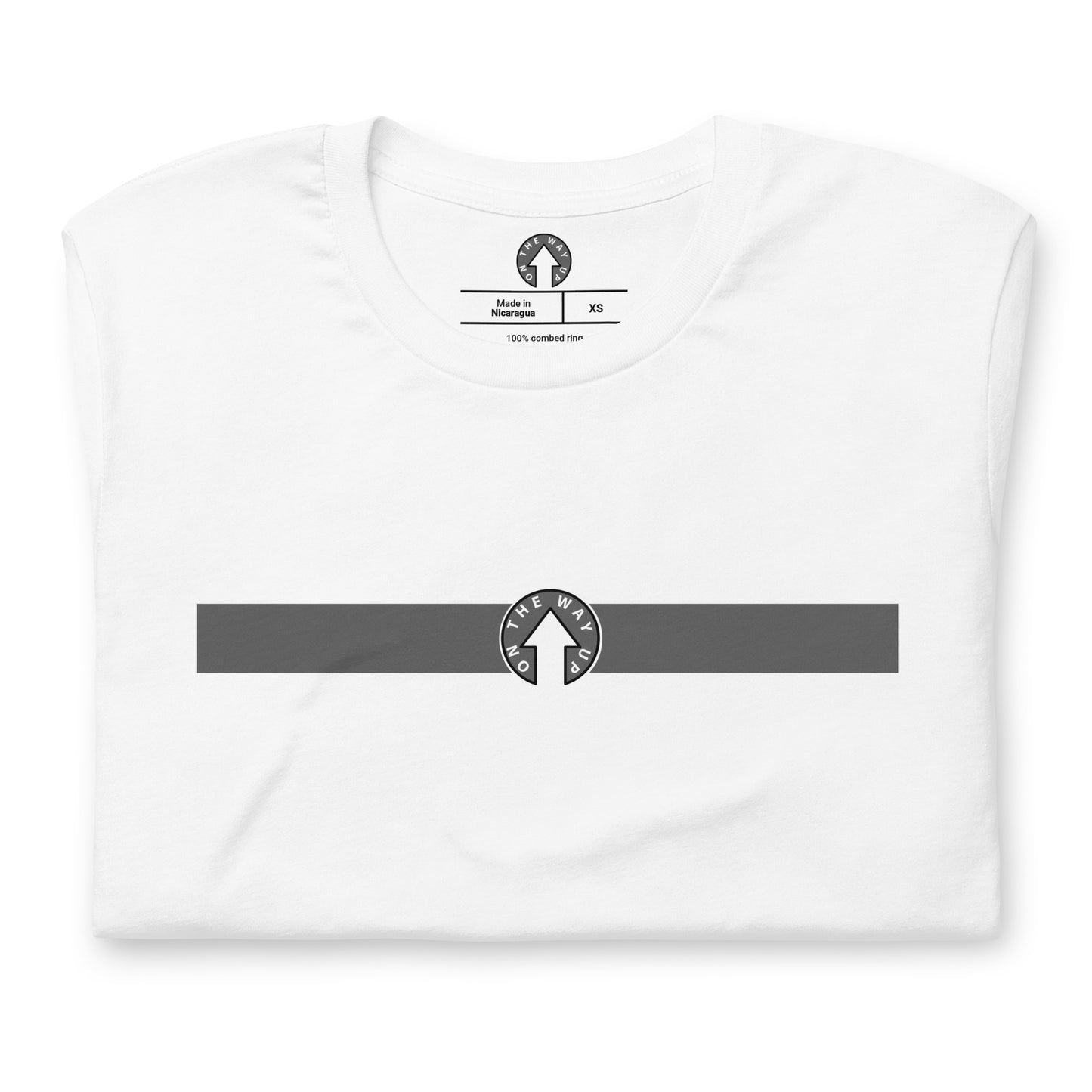 A white On The Way Up Apparel t-shirt with a black horizontal stripe and an "On The Way Up" circular logo in the center, laid flat. The inside label shows it's made from 100% cotton and is size XS.