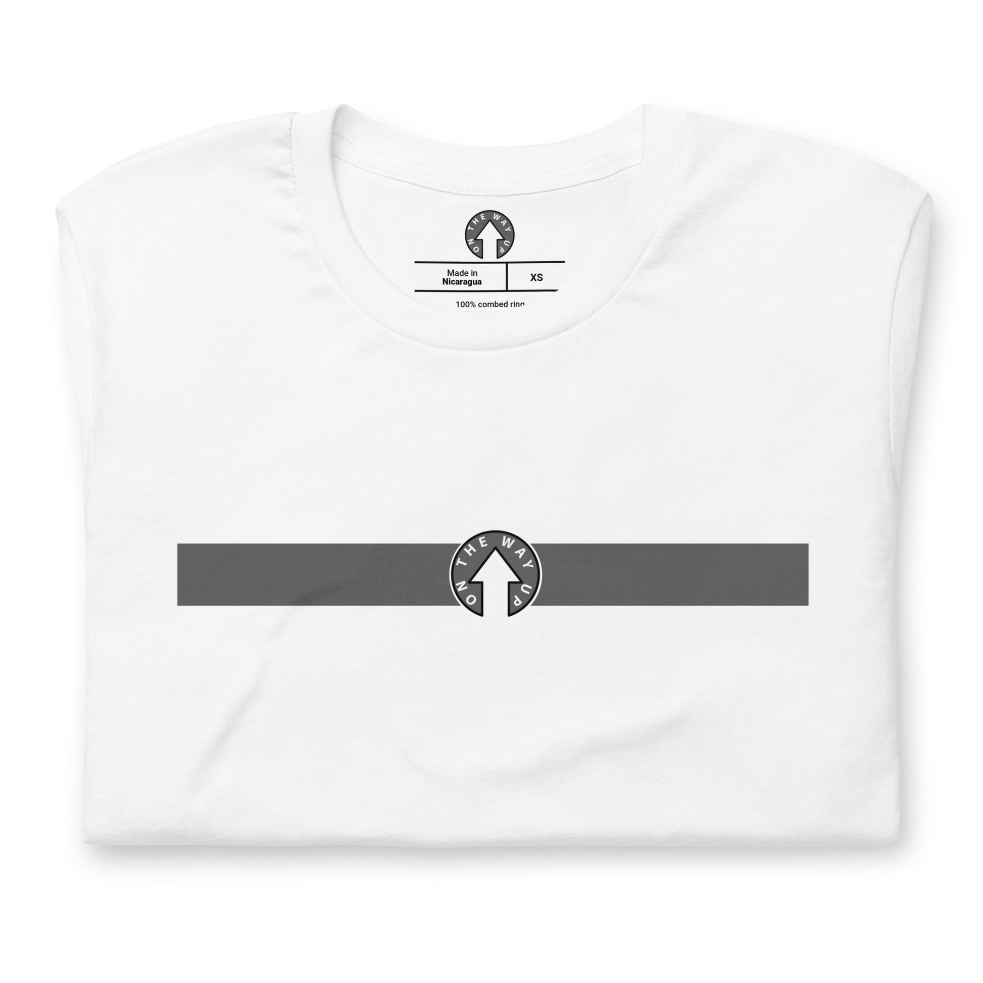 A white On The Way Up Apparel t-shirt with a black horizontal stripe and an "On The Way Up" circular logo in the center, laid flat. The inside label shows it's made from 100% cotton and is size XS.