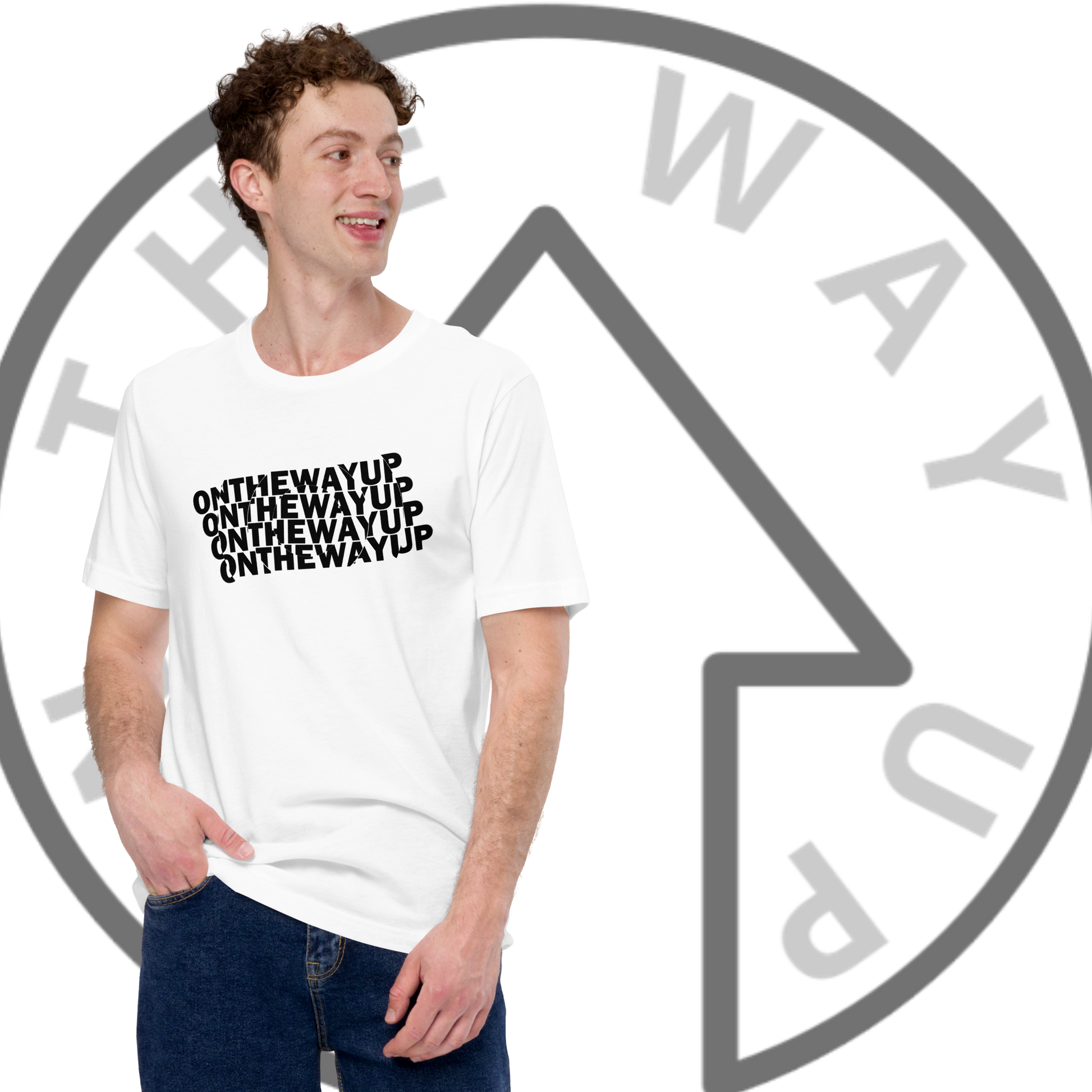 A young man with curly hair is posing with one hand in his jeans pocket, smiling and looking to the side. He is wearing a white "Circular Rotation Slogan Tee" from On The Way Up Apparel, made from super soft, combed and ring-spun cotton. The shirt features the repeated text "ON THE WAY UP" in black font. In the background, the same phrase and an upward arrow inside a circle are displayed.