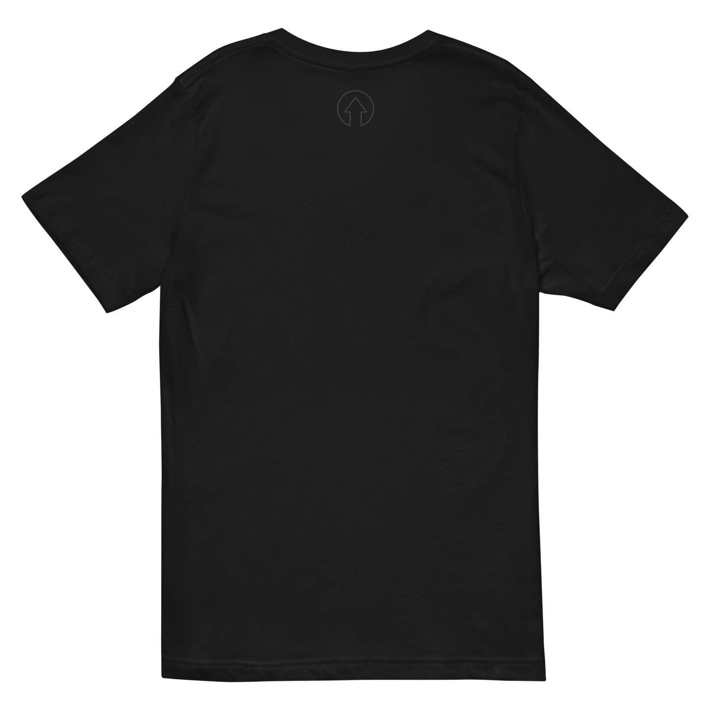 A plain black Signature Short Sleeve V-Neck T-shirt by On The Way Up Apparel laid flat, displaying the back side with a small, white circular logo at the nape. The shirt's fabric appears smooth and is of premium quality. The overall background is dark.