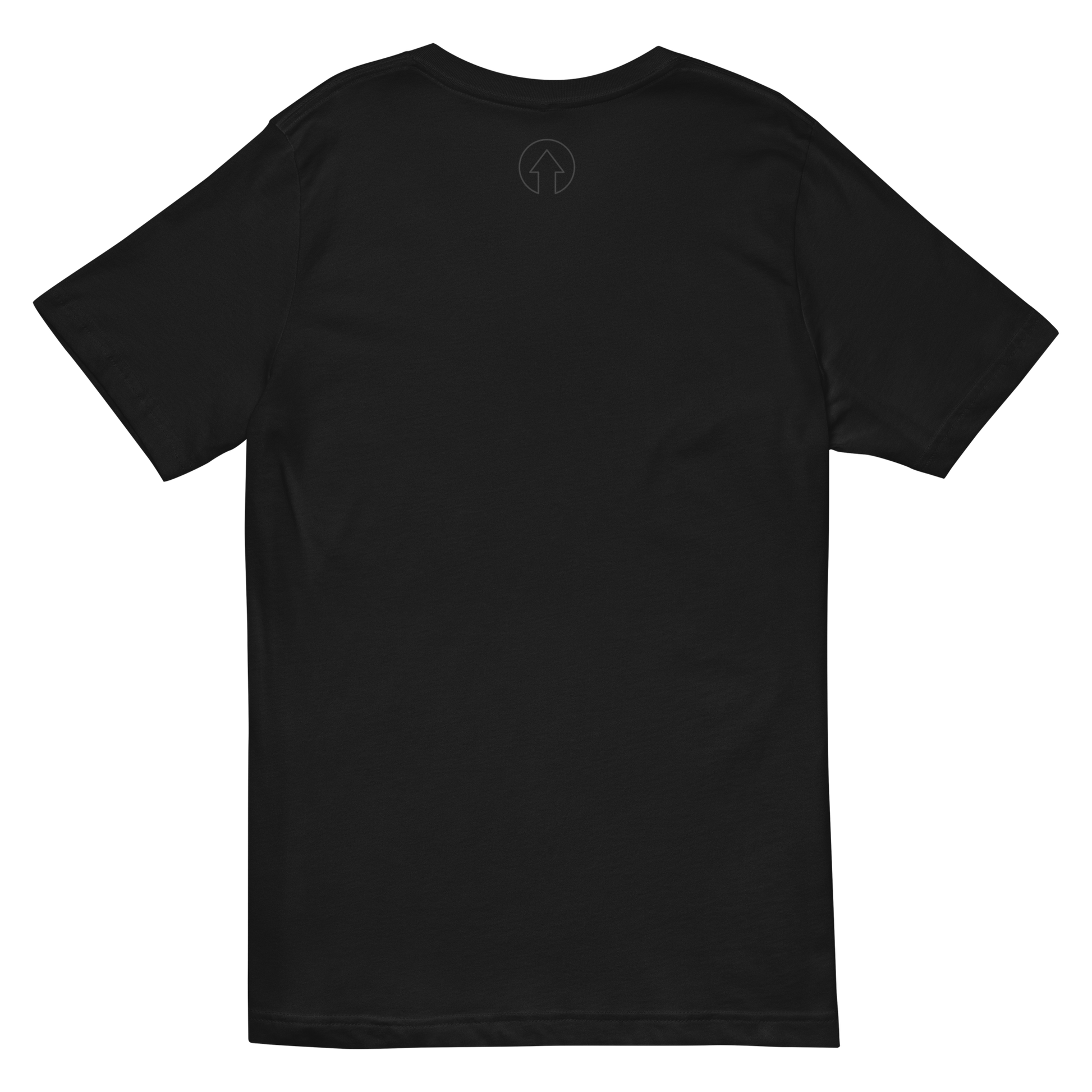 A plain black Signature Short Sleeve V-Neck T-shirt by On The Way Up Apparel laid flat, displaying the back side with a small, white circular logo at the nape. The shirt's fabric appears smooth and is of premium quality. The overall background is dark.