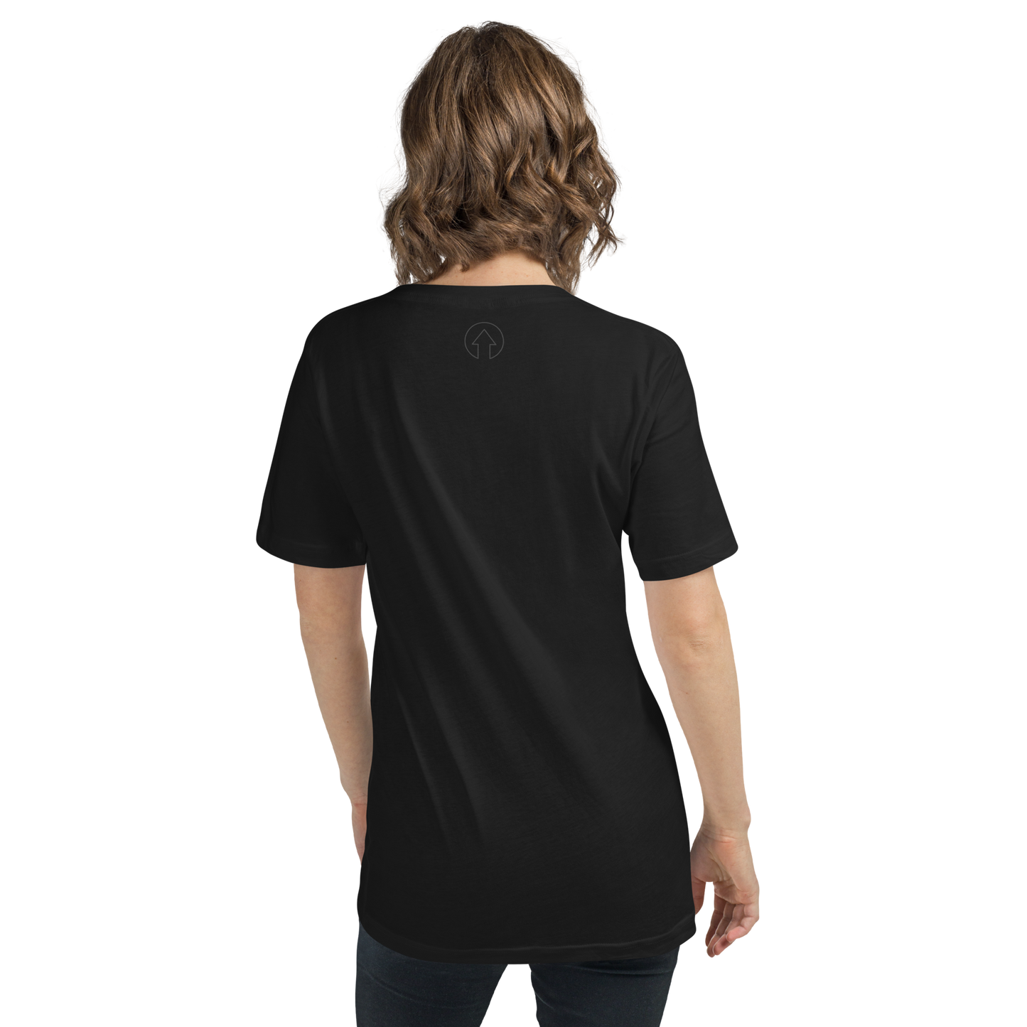 A woman with shoulder-length wavy hair, wearing a plain black On The Way Up Apparel Signature Short Sleeve V-Neck T-Shirt labeled "Premium Quality" with a small white logo on the back, is viewed from behind against a solid black background.