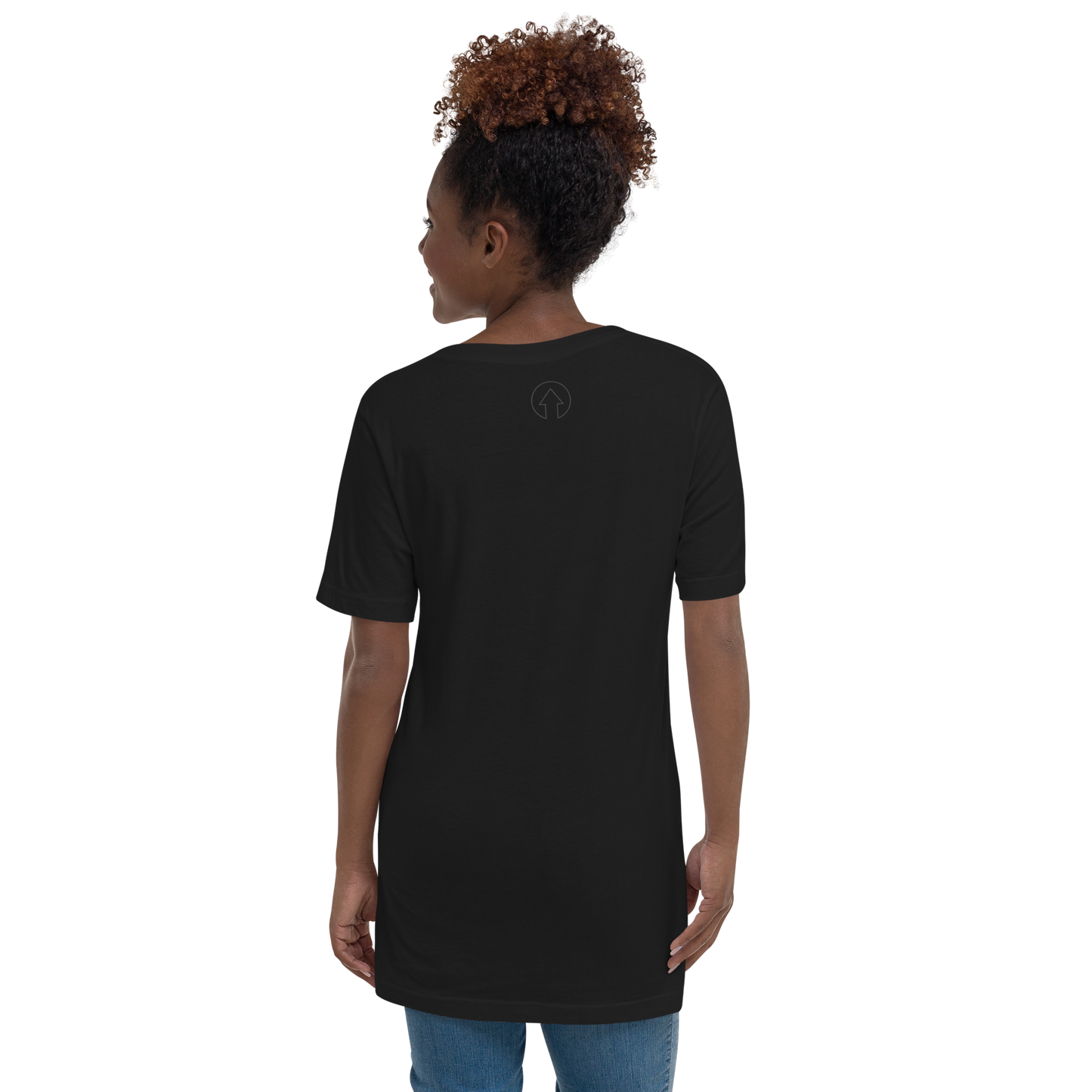 A woman wearing an On The Way Up Apparel Signature Short Sleeve V-Neck T-shirt with a small logo on the back neckline, viewed from behind. She has curly hair styled in a premium quality updo.