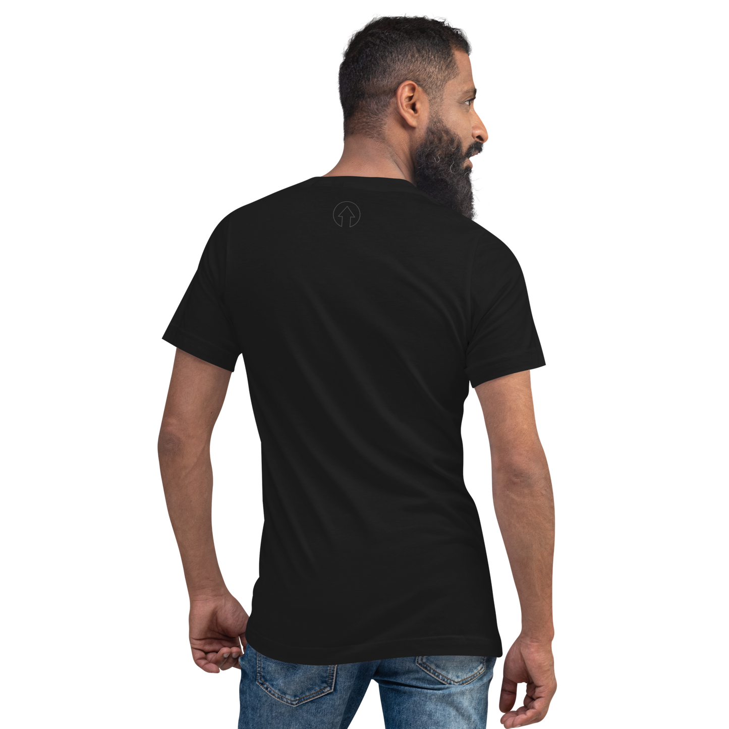 A man viewed from the back, wearing a Signature Short Sleeve V-Neck T-Shirt by On The Way Up Apparel with a "Premium Quality" logo on the upper right and blue jeans, standing against a black background.