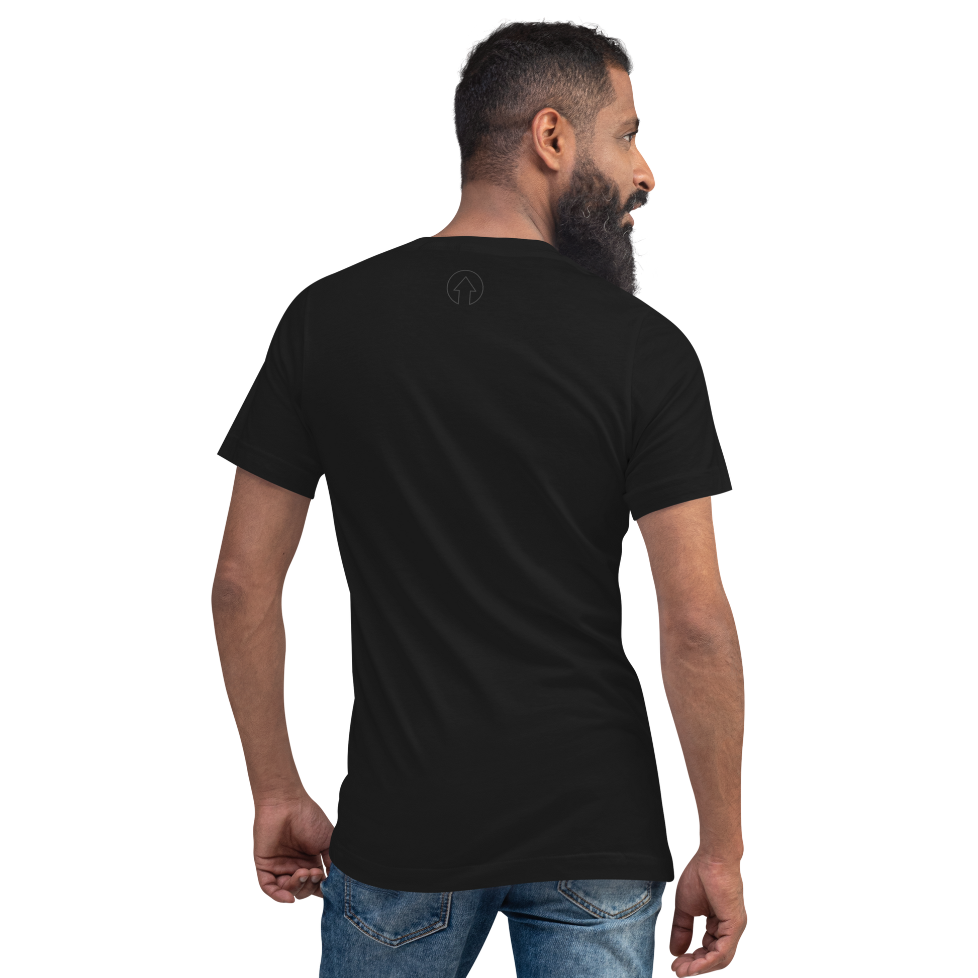 A man viewed from the back, wearing a Signature Short Sleeve V-Neck T-Shirt by On The Way Up Apparel with a "Premium Quality" logo on the upper right and blue jeans, standing against a black background.