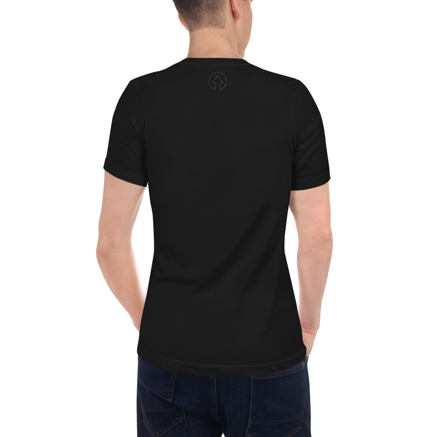 A man from behind wearing an On The Way Up Apparel Signature Short Sleeve V-Neck T-Shirt marked with a "Premium Quality" logo at the upper back and blue jeans. He has short-cropped hair.