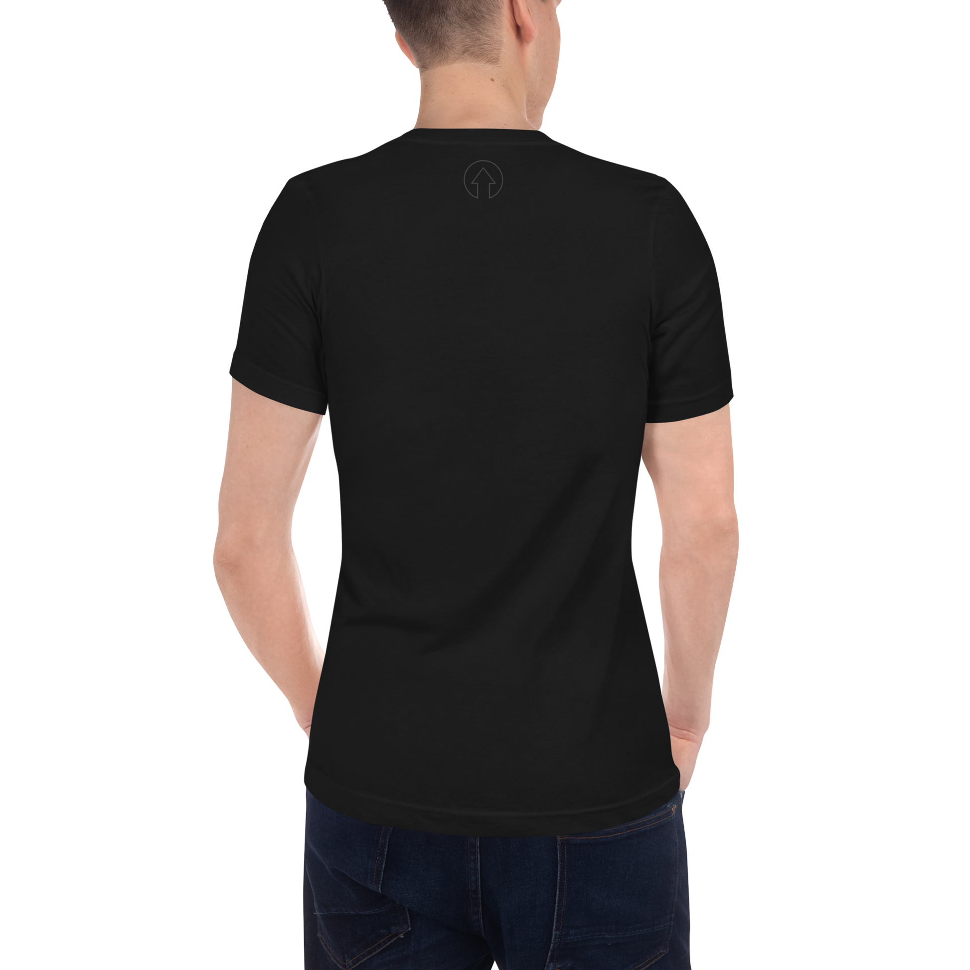 A man from behind wearing an On The Way Up Apparel Signature Short Sleeve V-Neck T-Shirt marked with a "Premium Quality" logo at the upper back and blue jeans. He has short-cropped hair.