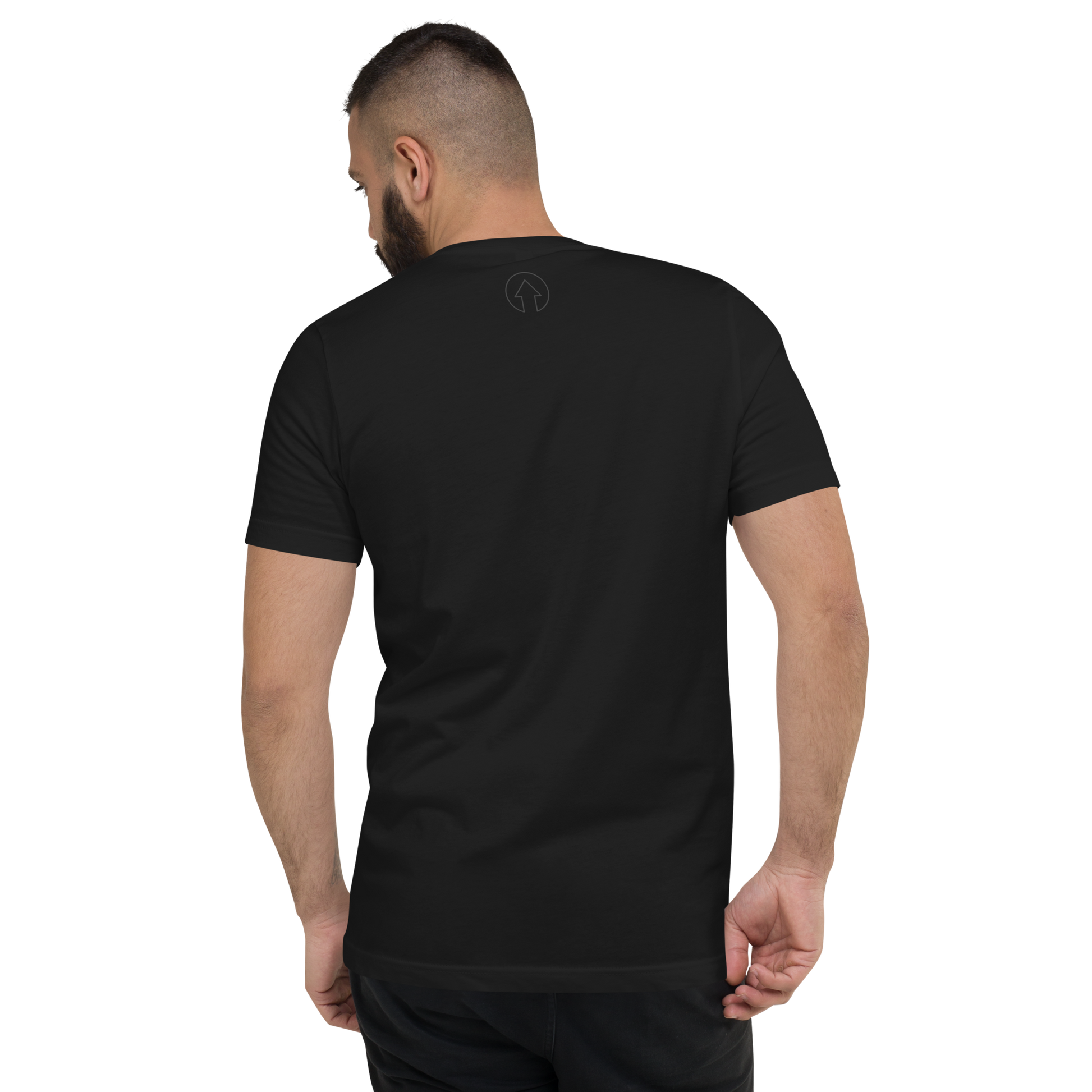 A man viewed from the back wearing a On The Way Up Apparel Signature Short Sleeve V-Neck T-Shirt with a small logo on the upper back, standing against a black background, symbolizing "Premium Quality.