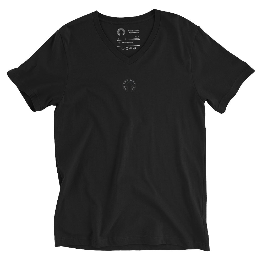 A Signature Short Sleeve V-Neck T-shirt by On The Way Up Apparel displayed on a flat surface, featuring a small white "Manchester" logo on the left chest area.