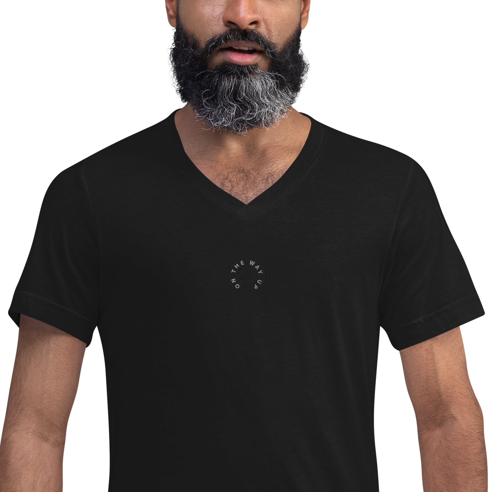 A man with a beard wearing a black Signature Short Sleeve V-Neck T-shirt labeled "Premium Quality" on the chest, against a solid black background from On The Way Up Apparel.