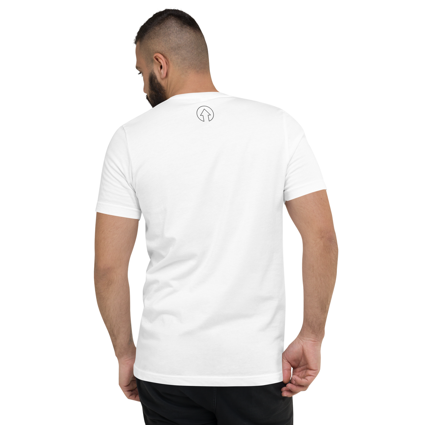 A man viewed from behind wearing an On The Way Up Apparel Signature Short Sleeve V-Neck T-Shirt with a small "Premium Quality" logo on the upper back, standing against a black background.