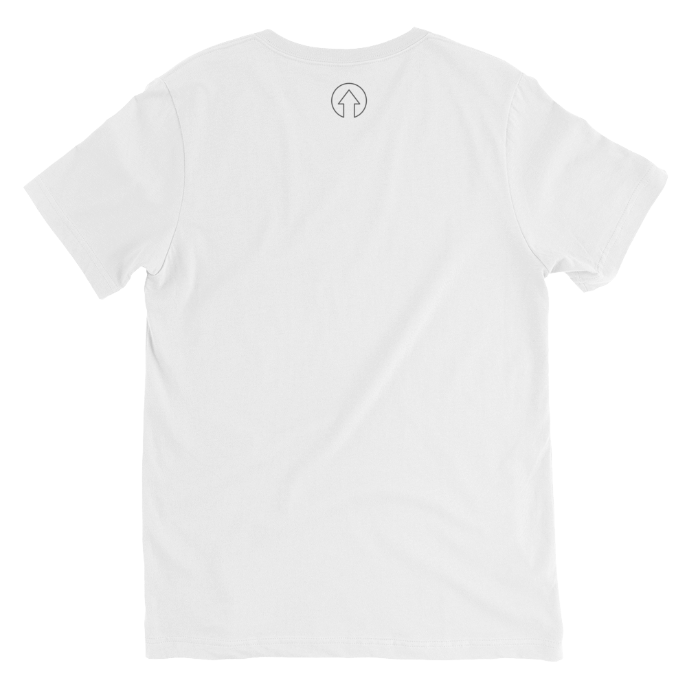 The On The Way Up Apparel Signature Short Sleeve V-Neck T-Shirt is laid flat on a transparent background, showing the back side with a visible tag at the neck, symbolizing Premium Quality.