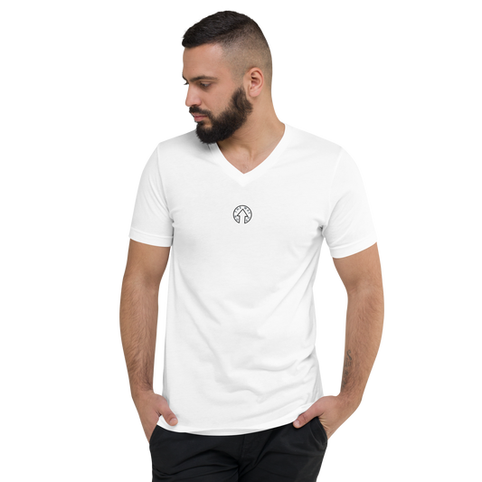 A man with a beard wearing an On The Way Up Apparel Signature Short Sleeve V-Neck T-Shirt with a small logo on the chest, looking to the side against a black background.