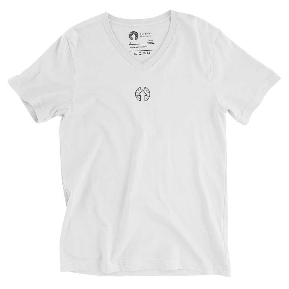 Signature Short Sleeve V-Neck T-shirt by On The Way Up Apparel displayed on a flat surface, featuring a small black logo on the left chest area.